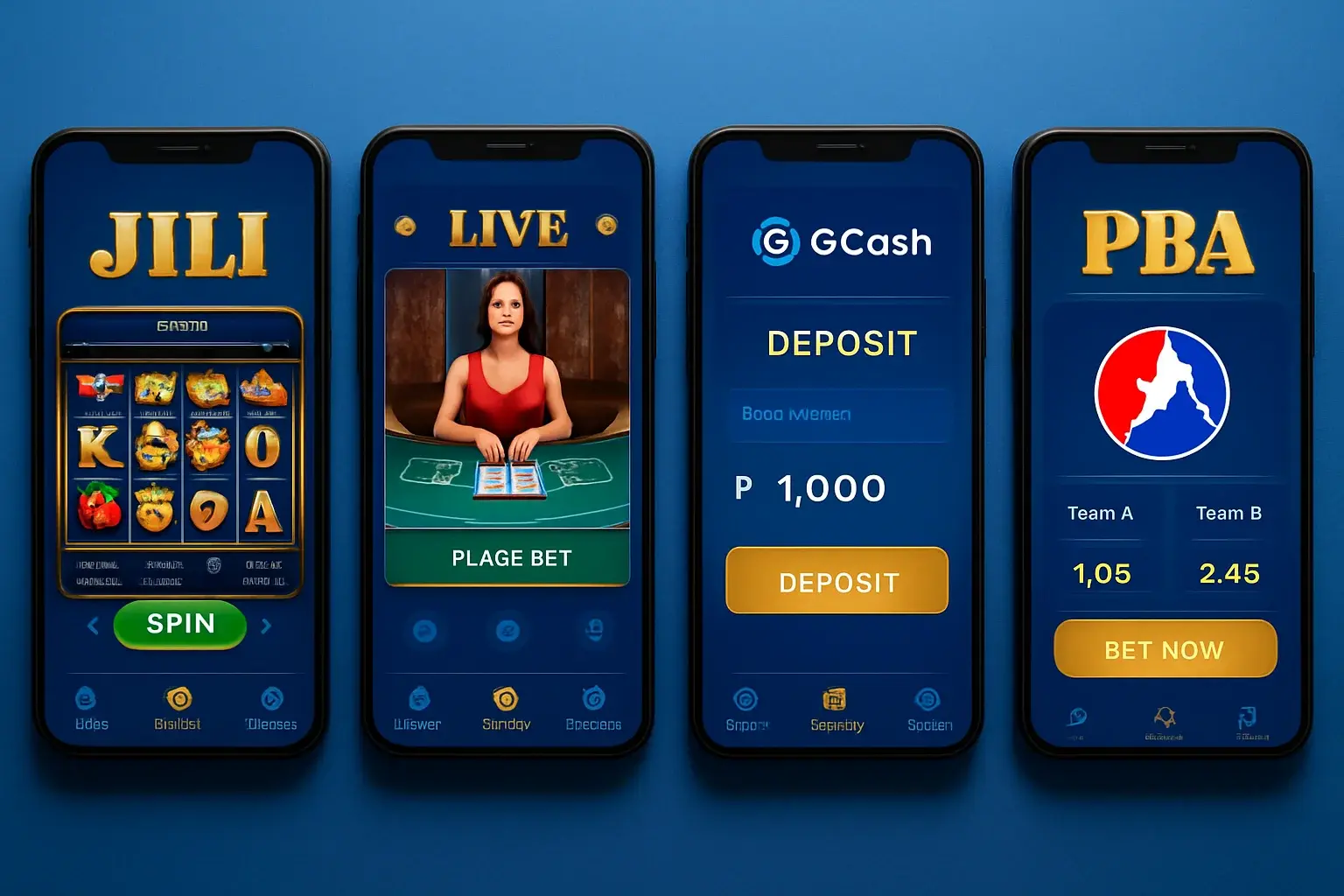 Android screens showing Philippine casino app with slots, baccarat, GCash deposit, sports betting