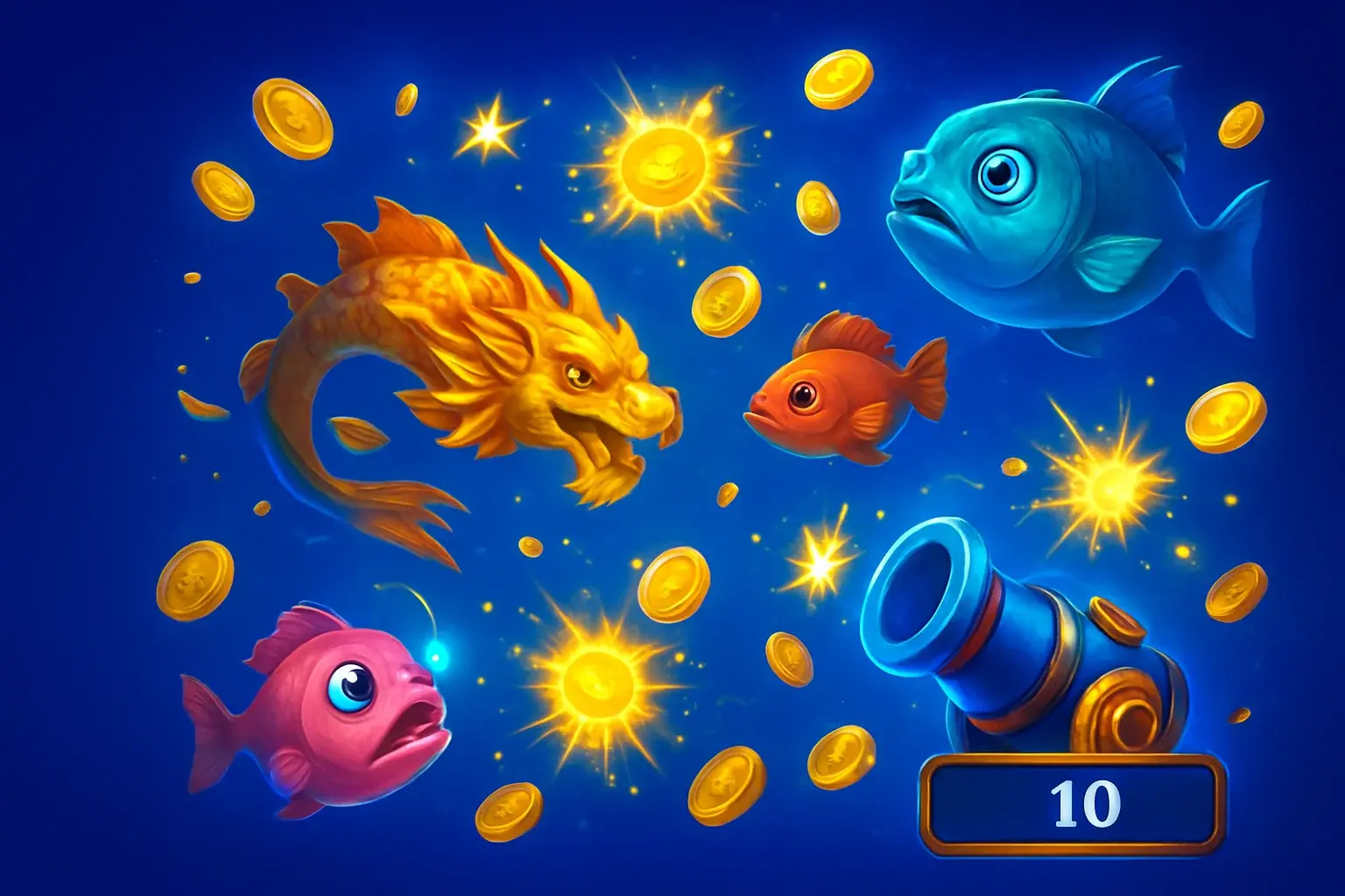Vibrant Philippine casino fishing game underwater scene with cannon UI and gold coins