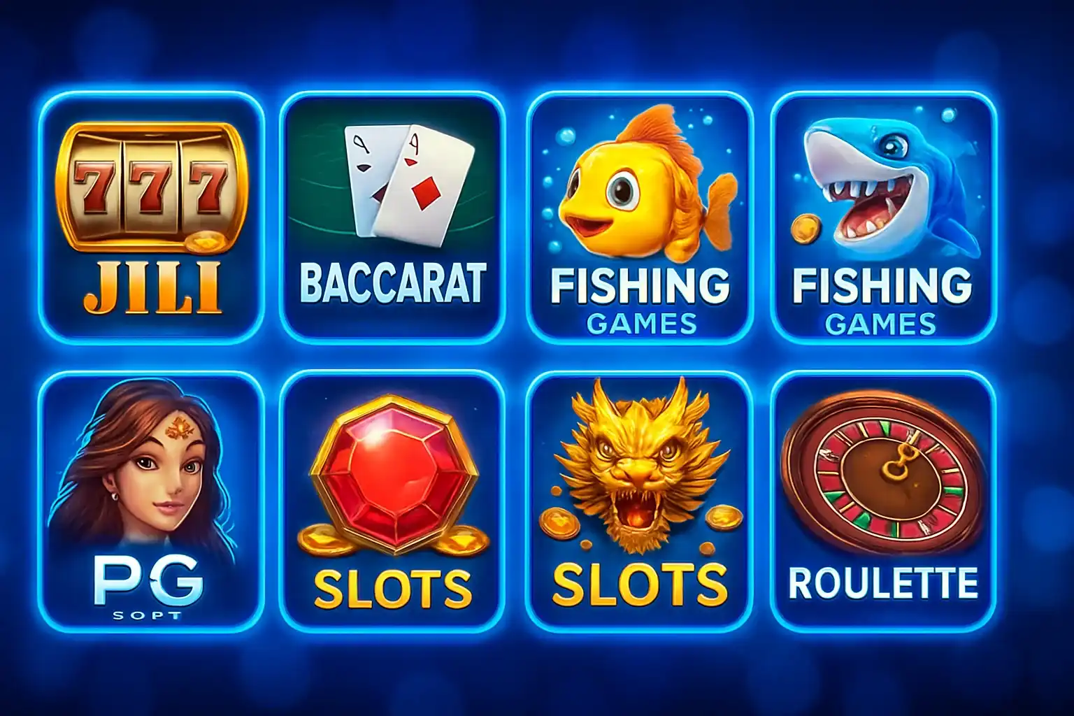 Colorful grid of Philippine casino game thumbnails with blue and gold UI