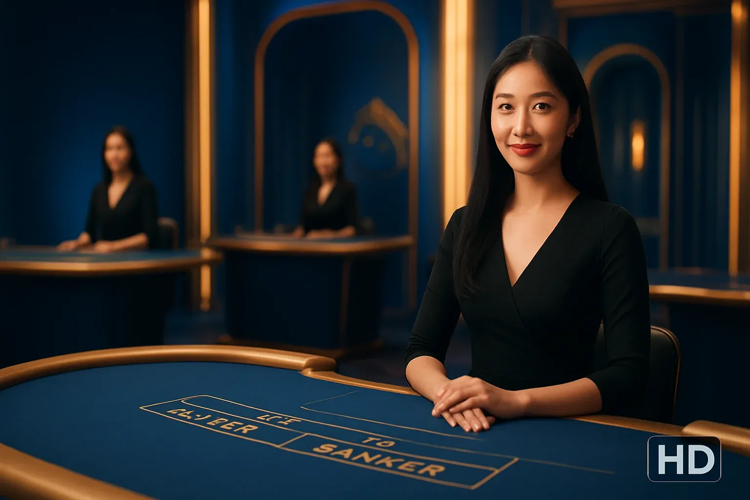 Elegant live casino studio with Asian dealers, baccarat and blackjack tables