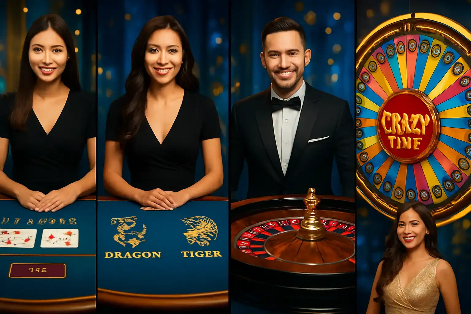 Live casino game cards with dealers, baccarat, roulette, Crazy Time wheel