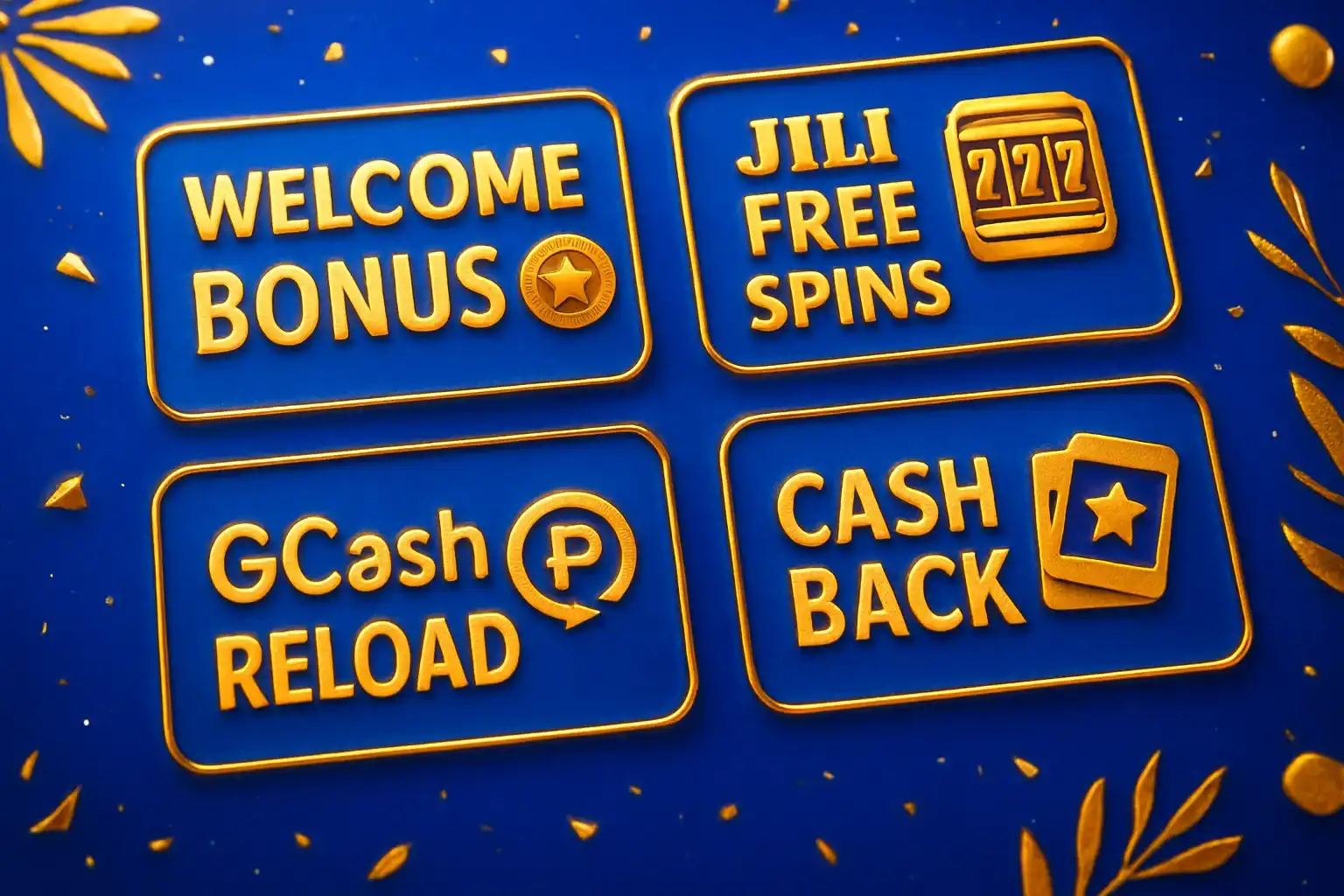 Welcome bonus, JILI free spins, GCash reload, cashback and VIP cards display