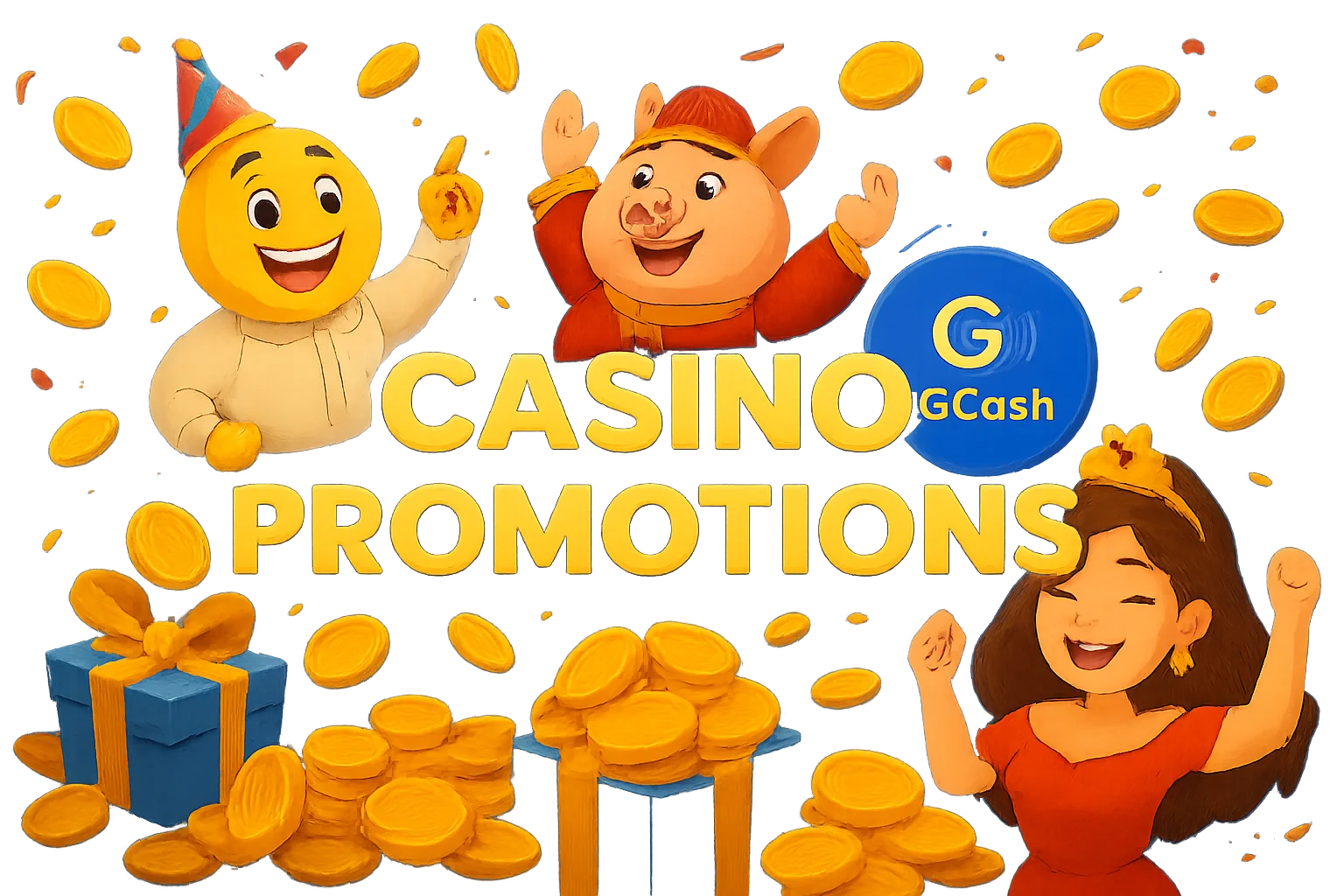 Philippine casino promotions banner with GCash badge, JILI characters, gold coins and gifts