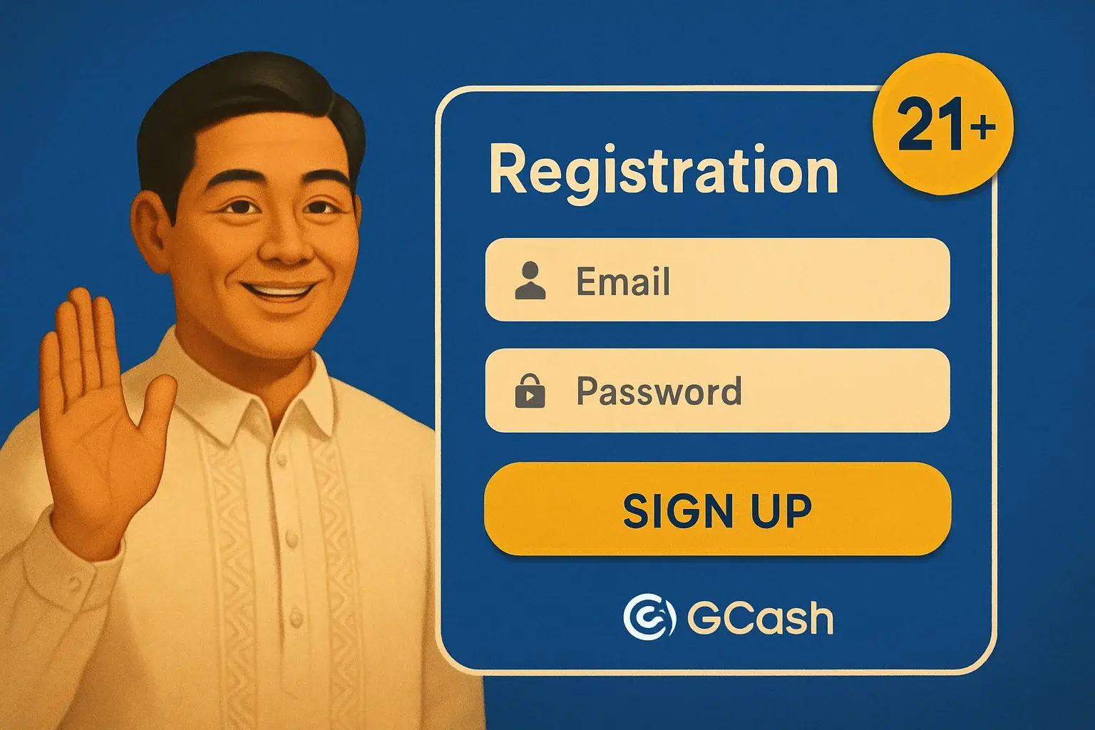 Philippine casino sign-up form on royal blue with gold 21+ badge and GCash logo