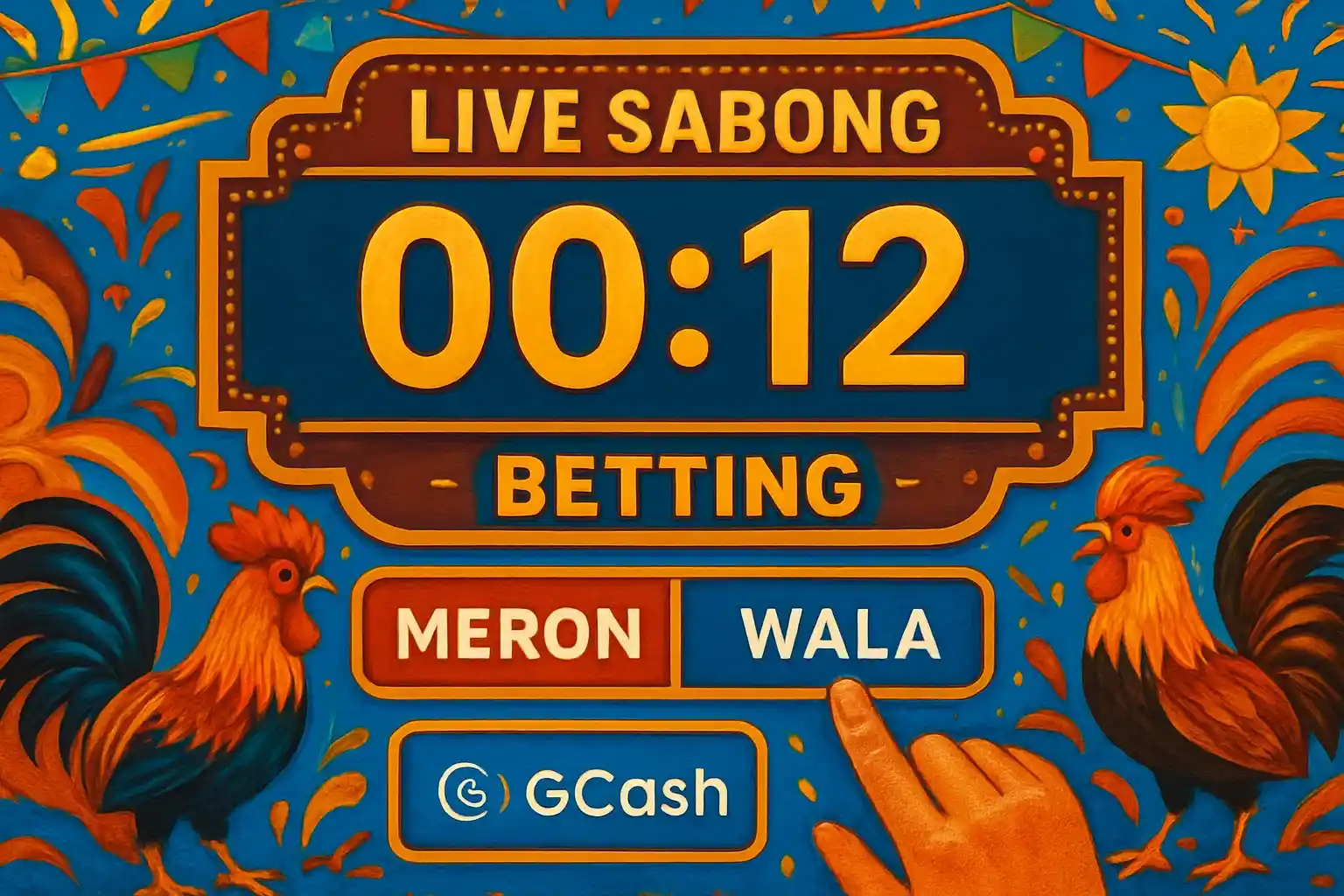 Live sabong countdown timer with Meron vs Wala betting and GCash badge