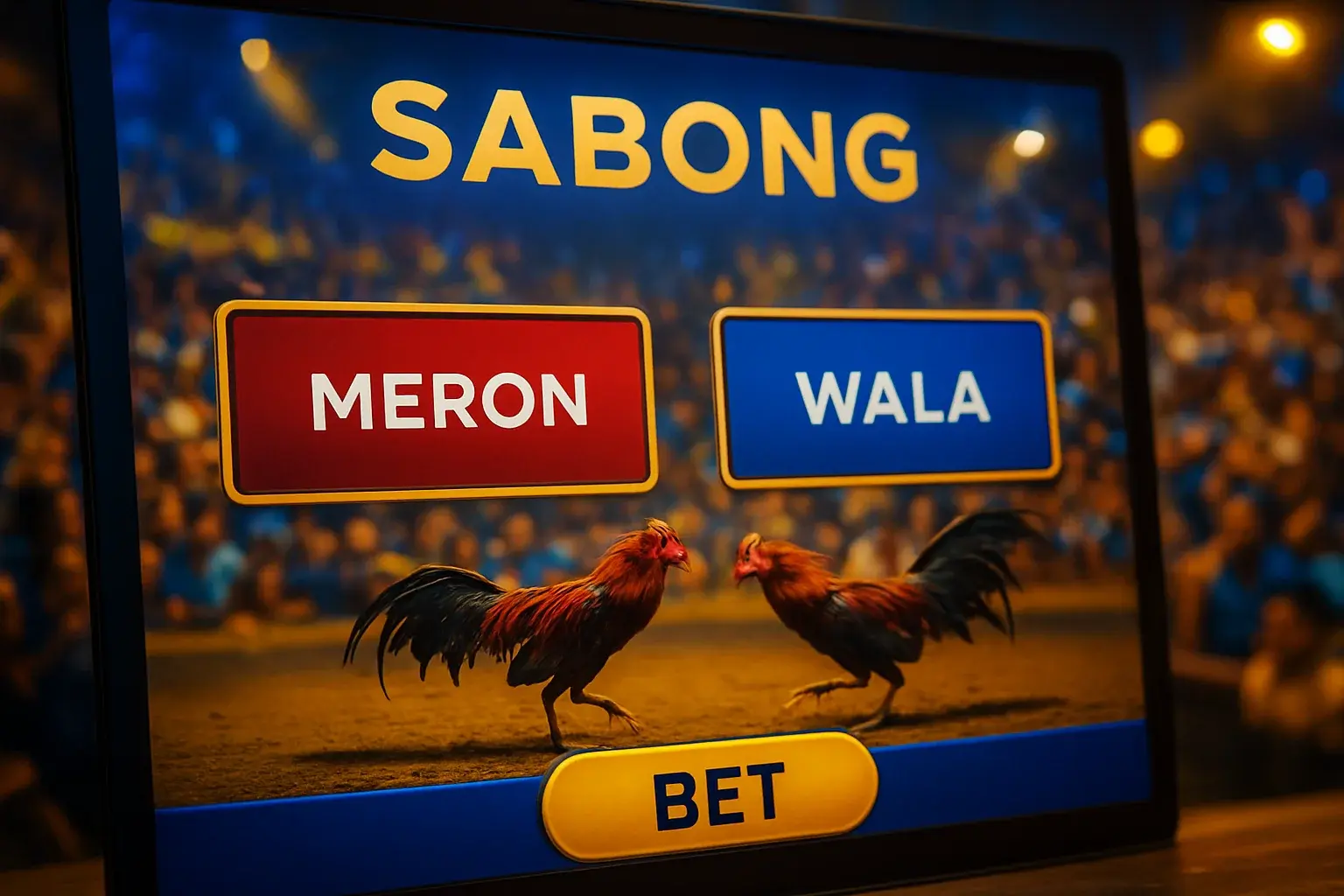 Philippine online sabong betting interface with Meron red and Wala blue panels