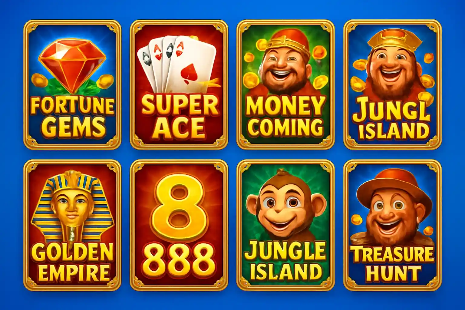 Grid of JILI and PG Soft slot game thumbnails on blue background