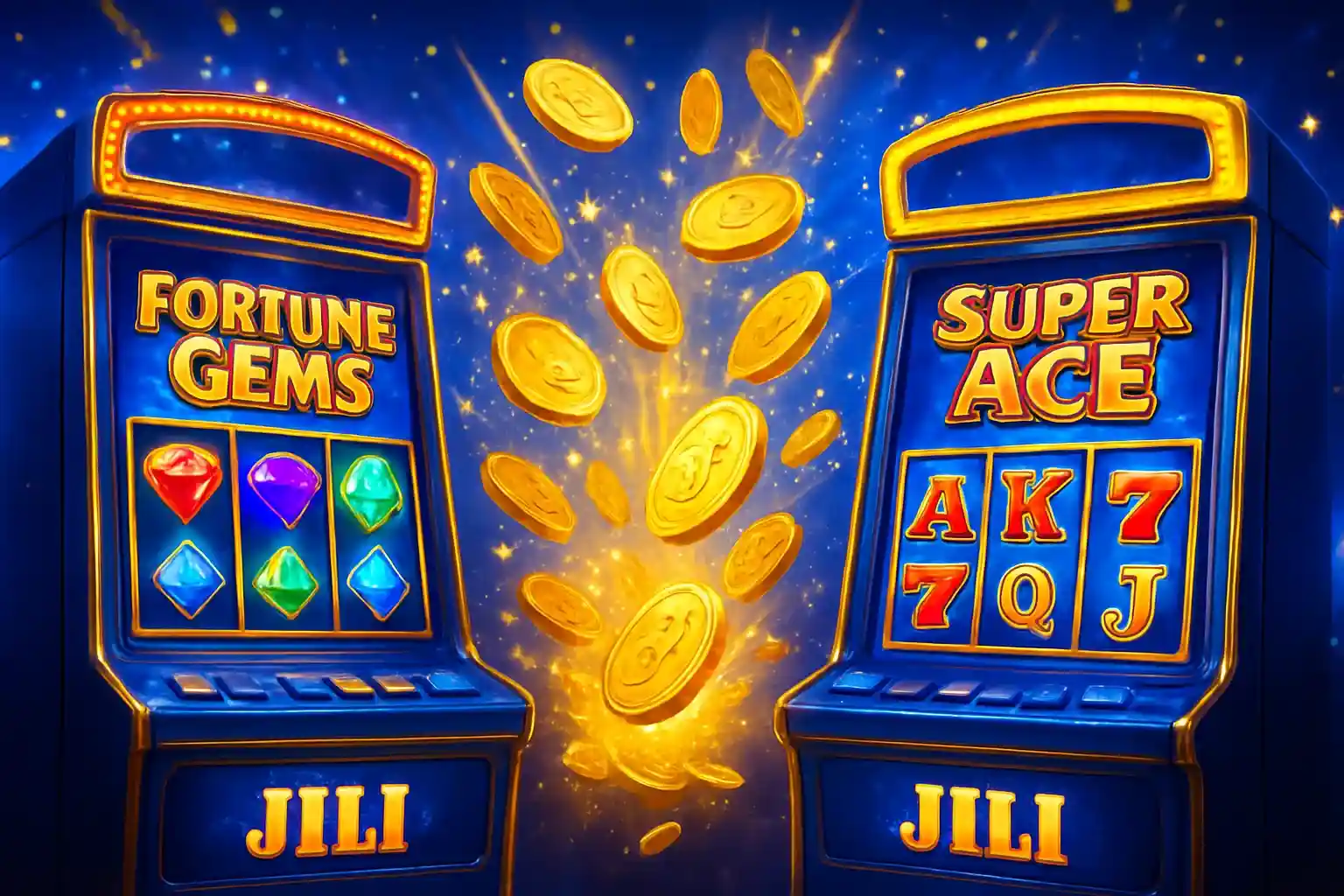 Bright Philippine casino slot machines with JILI symbols and exploding gold coins