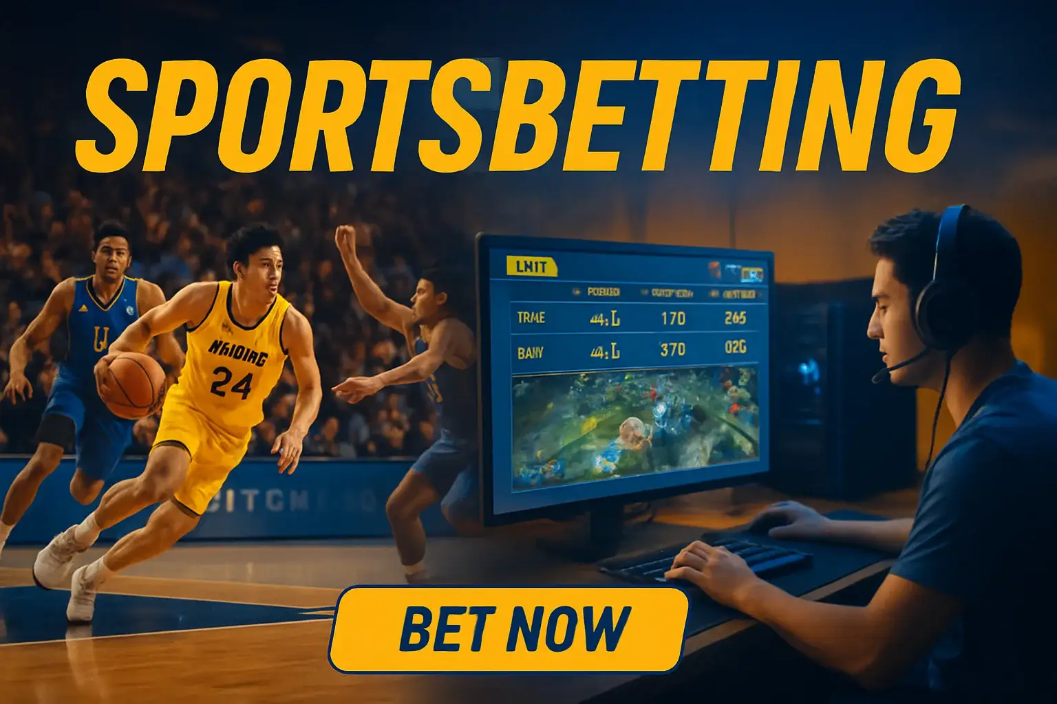 Dynamic Philippine sports betting banner with PBA action and Mobile Legends setup